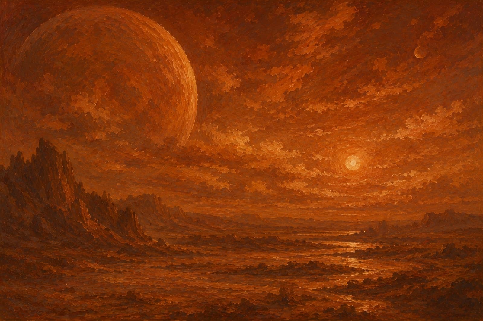 Amber-toned painting of a vast planet rising over a rocky landscape