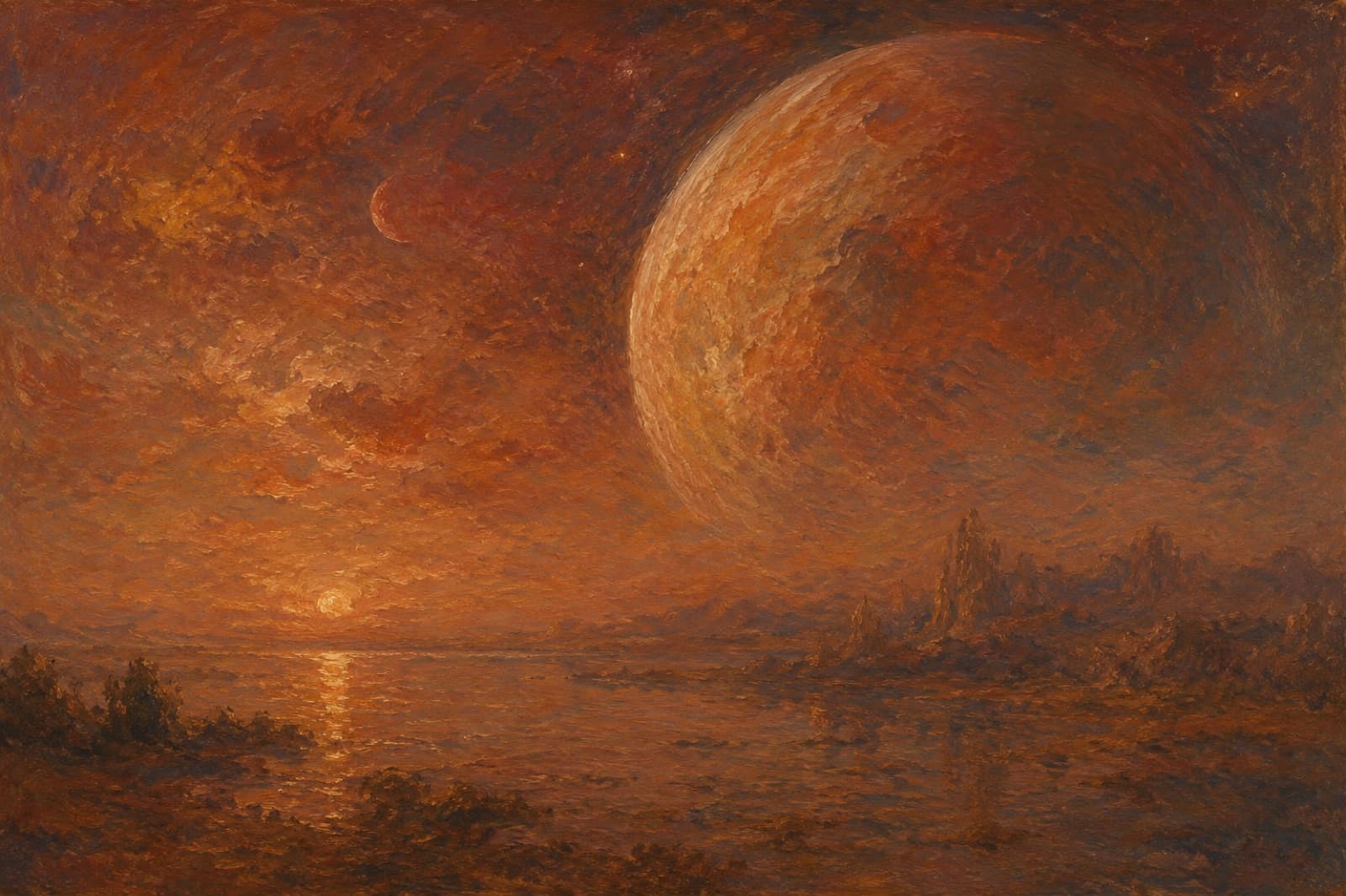 Amber-toned painting of a large planet over a sunset sea