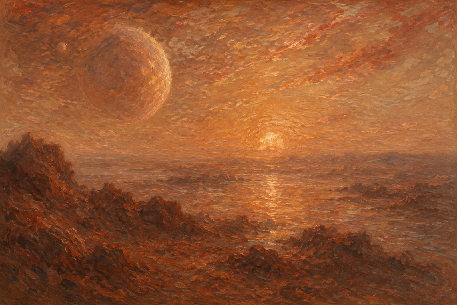 Amber-toned painting of a crescent moon and sun over calm water
