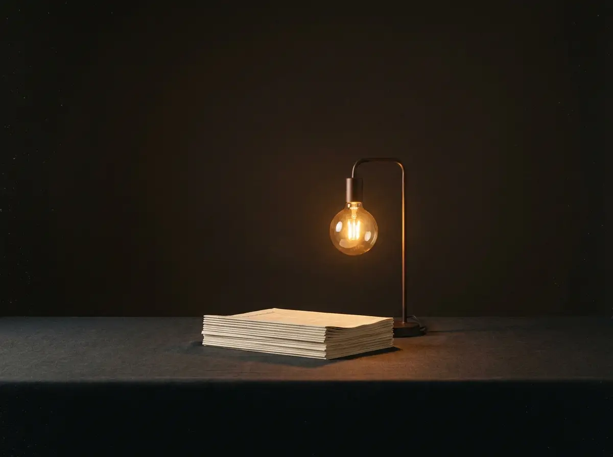 A desk lamp examining a stack of printed pages in a dark room